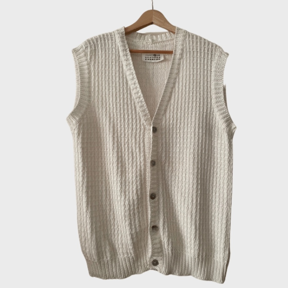 MARGIELA MM6 White Cotton Knit Cardigan Vest Large